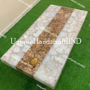 Handmade White Agate & Petrified Wood Table Top: Golden Marble Coffee or Dining Table