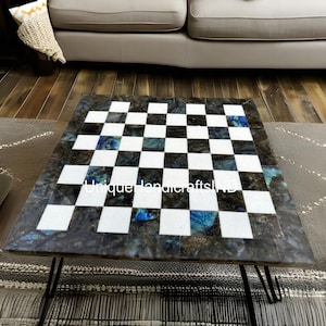 Christmas Gifts Labradorite & Marble Chess Board, Collectible Blue And White Marble Gemstone Chess Board Table Handmade Collectible And Gift
