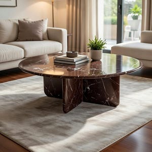 May include: A round, dark red marble coffee table with white veining. The table has a solid base and is placed on a light gray rug. A small potted plant and books are on the table.