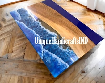 Mesa de comedor y centro de resina epoxi personalizada con borde natural de río / Arte de madera hecho a mano