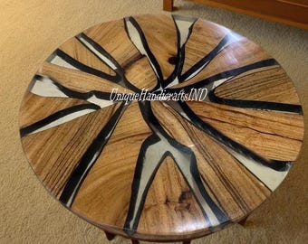 Handmade Clear Epoxy Resin Table Top: Wood Inlay Home Decor