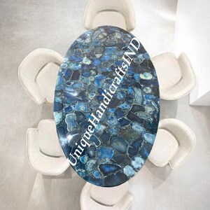 Blue Agate Oval Table Top, Blue Agate Gemstones Table Top, Coffee Table, Dining Table, Centre Table Top, Countertop Dining Room Furniture
