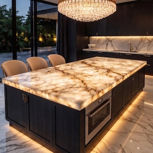 May include: A contemporary kitchen island with a marble worktop and dark wood cabinets. The island has a built-in oven and is lit by under-cabinet lighting. A large chandelier hangs above the island, and the floor is marble.