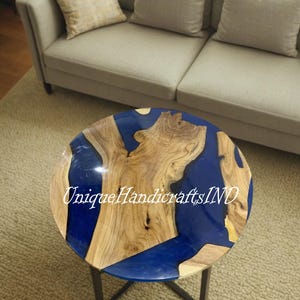Emerald Blue Epoxy Resin Table: Live Edge Wood, Mid-Century Style
