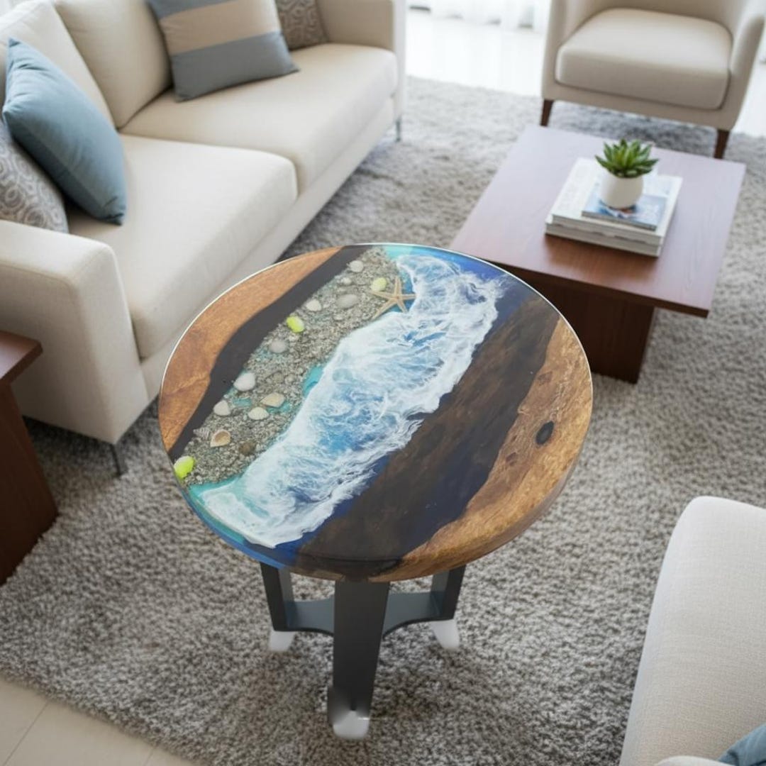 Handmade Blue Ocean Epoxy Table: Round Wood & Resin Coffee Table - Etsy