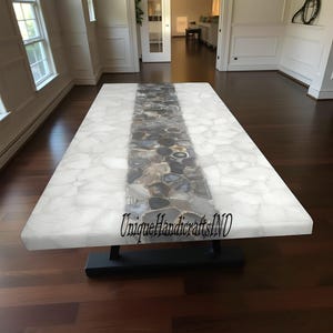 White Quartz & Brown Agate Table – Handmade Stone Coffee Table, Dining Top, Countertop Slab