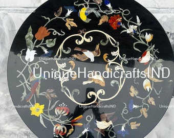 Black Marble Coffee Table Top Handmade Semi Precious Stone Birds Inlay Marquetry Art Home Decor Collectible Furniture Gift For Her