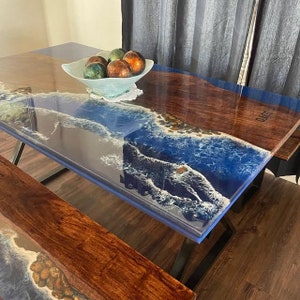 Epoxy Resin Dinner Table, Natural Acacia Wood Table,Ocean Waves Resin Table with Iron Stand, Made To Order, Console Sofa, River Coffee Table