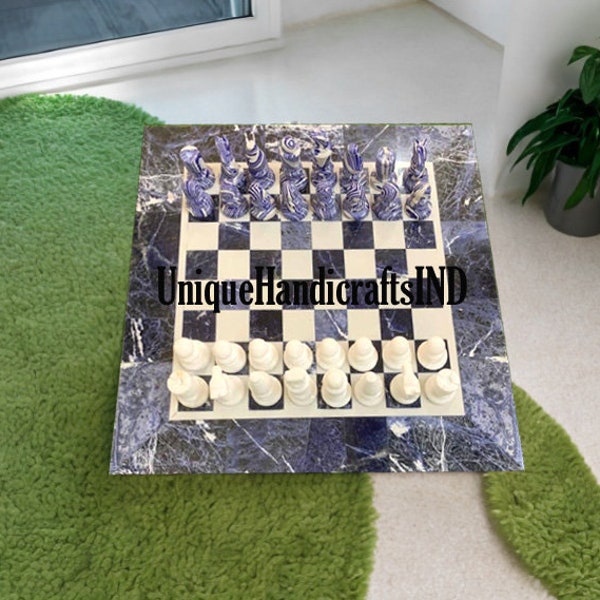 Marble Chess Board Game With Chess Set Natural Sodalite Stone Mosaic Handmade Inlay Art Fathers Day Gifts