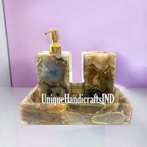 Badezimmer in Elegante Natürliche Wilde Achat Stein Kunst 3-tlg Badezimmer-Accessoires für Geschenke Her