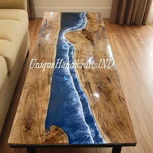 Table à manger en noyer, table pour 6, table en bois et époxy, table à manger moderne, table en résine, table à manger en époxy, arts époxy bleu océan