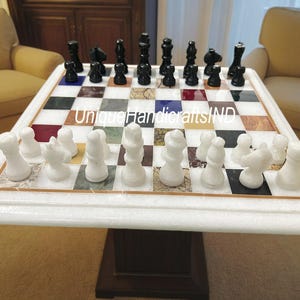Christmas Gifts Buy Unique White Marble Chess Board Set 12&quot;x12&quot; with Marble Chess pieces Multi Stone Inlay Arts