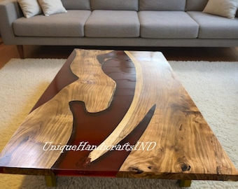 Handmade Red Epoxy Coffee Table: Modern Wood Furniture