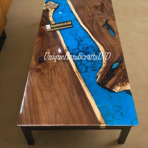 Handmade Wood & Blue Epoxy River Table: Custom Tropical Design