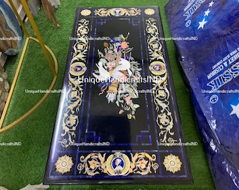 Black Marble Coffee Table Top Handmade Lapis Inlay Semi Precious Pigeon Pietradura Floral Design Handmade Dining Room Decor Furniture