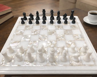Marble Chess Set: Handmade Mother of Pearl Inlay, Tournament Size