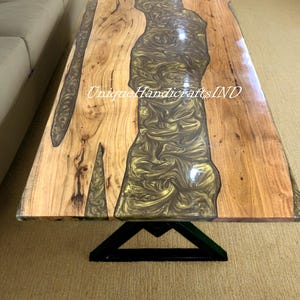 Wavy Gold River Epoxy Table Top with Acacia Wood | Dining/Coffee Table, Live Edge Wooden Table, ( Customizable)