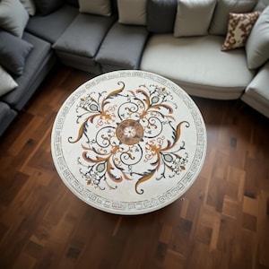 White Marble Coffee Table Top: Pietra Dura Floral Inlay, Handmade Stone Furniture