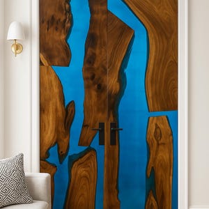 Blue Epoxy Resin River Barn Door: Handmade Live Edge Wood Sliding Door