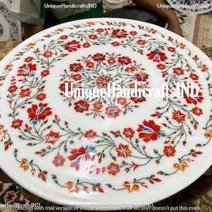 White Marble Inlay Coffee Table Top Carnelian Marquetry Floral Fine Arts Home decor Gifts