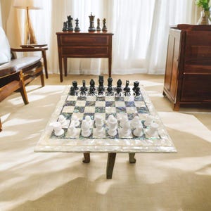 Christmas Gifts White Marble Chess Set - Handmade Indoor Game with Pauashell Inlaid - Unique Gift for Dad & Top Table Decoration