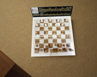 Handmade Marble Chess Set with Tiger Eye Stone Inlay