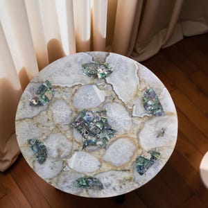 Handgefertigte Quartz & Paua Shell Inlay Tischplatte: Luxuriöses Wohndekor