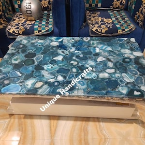 Handmade Blue Agate Table Top: Natural Stone Dining or Console Table