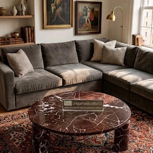 Rosso Levanto Marble Round Coffee Table | Burgundy Stone Organic Accent Table