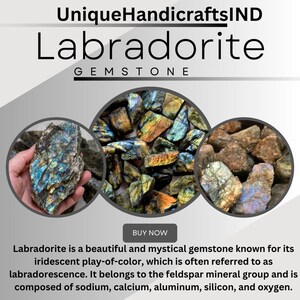 May include: A close-up of labradorite gemstones. The stones are iridescent and have a variety of colours, including green, blue, and gold. Labradorite is a beautiful and mystical gemstone known for its iridescent play-of-colour, which is often referred to as labradorescence. It belongs to the feldspar mineral group and is composed of sodium, calcium, aluminium, silicon, and oxygen.