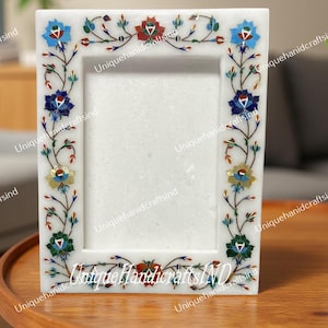 Cornice portafoto in marmo fatta a mano: intarsio floreale, decorazione artistica indiana