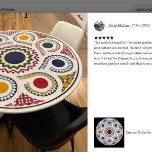 Puede incluir: Una mesa redonda blanca con un dise&ntilde;o geom&eacute;trico colorido. La mesa tiene un patr&oacute;n de cuadros negros y blancos alrededor del borde. La mesa est&aacute; rodeada por cuatro sillas, dos negras y dos blancas.