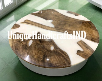 White Epoxy Resin River Table Top: Round Wood Coffee Table