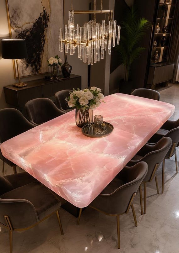 Handgefertigter Esstisch aus Rosa Onyx - Hinterleuchteter durchscheinender Stein, glänzendes Mittelstück in Marmoroptik