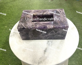 Caja de pañuelos de amatista hecha a mano: decoración de baño de piedra natural