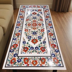 White Marble Floral Inlay Table Top: Carnelian Pietra Dura Art