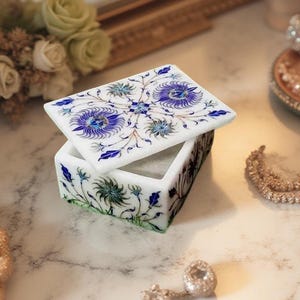 White Marble Jewelry Box – Lapis Inlay Floral Pietra Dura Art, Handmade Stone Keepsake Gift for Her, Luxury Decor