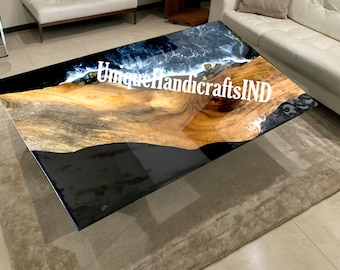 Handmade Walnut Resin River Table Top: Blue Ocean Epoxy Acacia Wood