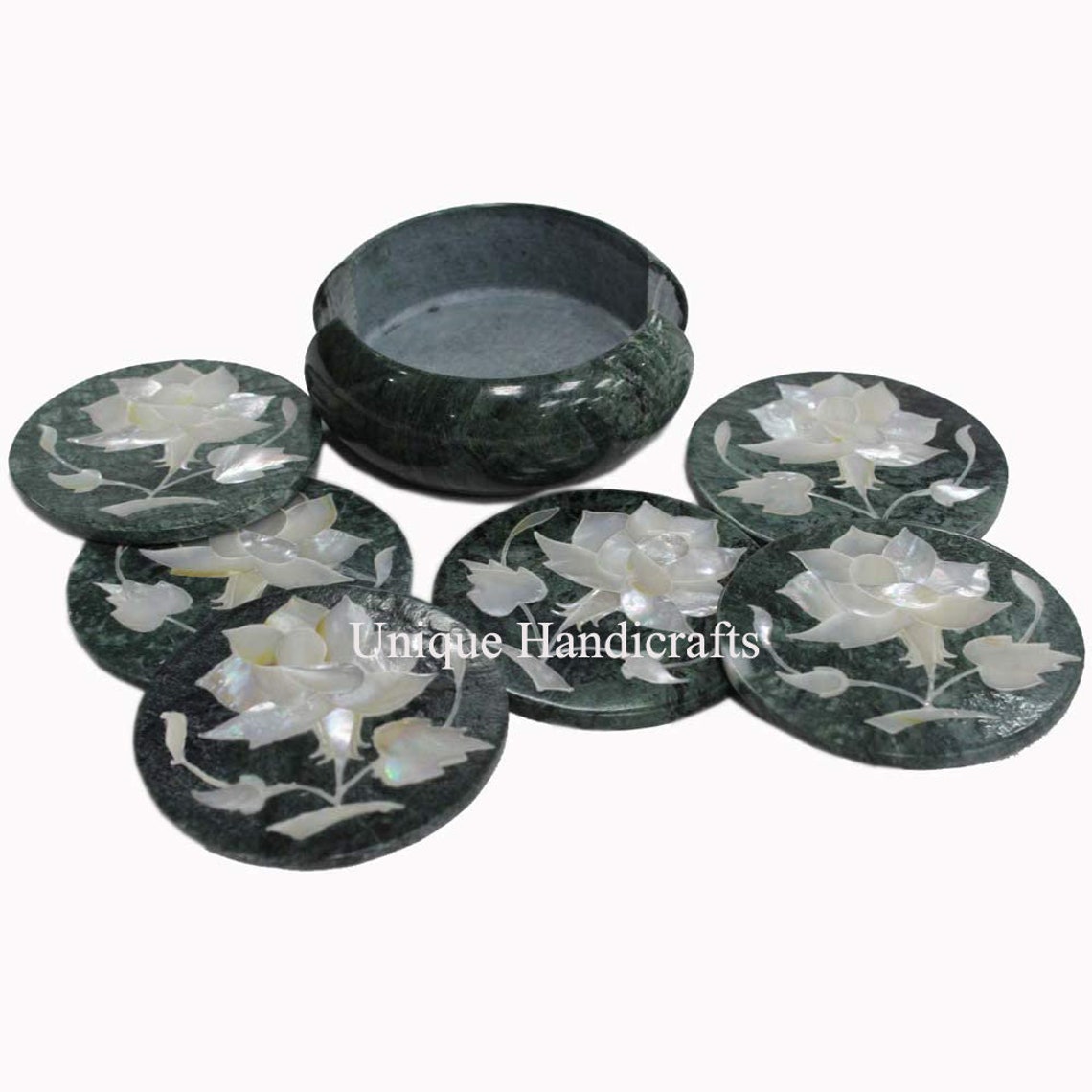 Handmade Green Marble Coasters With Holder Delicate Inlay Etsy