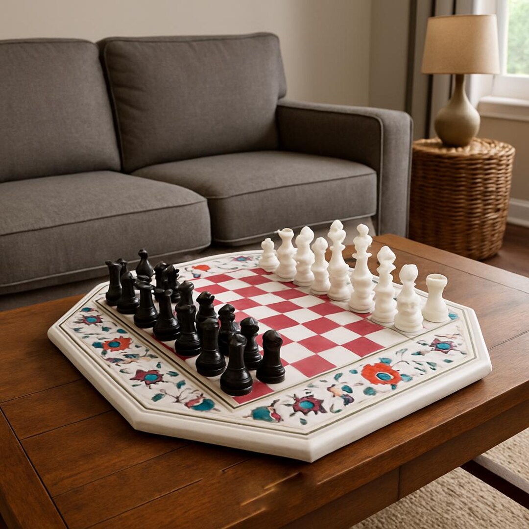 Handmade Marble Inlay Chess Table Octagon Stone Art Home Decor - Etsy