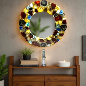 Elegant Mixed Agate Wall Mirror – Handmade Gemstone Frame – Crystal Accent Mirror for Living Room or Bedroom Decor