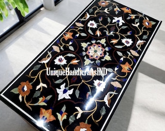 Handmade Black Marble Table Top: Pietradura Floral Inlay Art