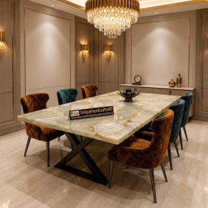 White Onyx Dining Table – Gold Veining Stone Slab, Modern Rectangle Kitchen Furniture