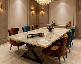 Mesa de comedor de ónix blanco – Losa de piedra con vetas doradas, muebles de cocina rectangulares modernos