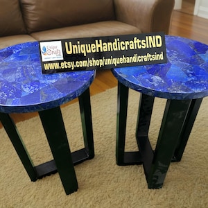 Blauwe lapis lazuli-bijzettafelset: handgemaakt steen ingelegd, modern uit het midden van de eeuw