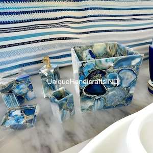 Luxus-Badezimmerzubehör-Set, 5-teiliges Badezimmerset aus blauem Achatstein, Waschtischset, Badezimmerdekor, handgefertigtes Set für Küche & Bad