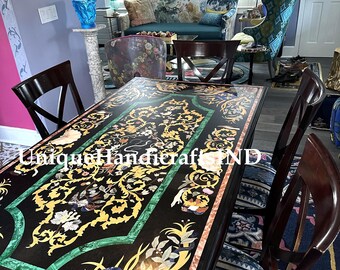 黒大理石長方形ダイニングテーブルトップ寄木細工デザインピエトラ