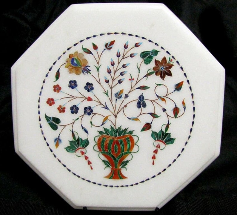 Marble Floral Center Coffee Table Top Pietra Dura Handmade Art Home Decor octagon shape made by rural Artisan from Agra Size 12 x 12 inch