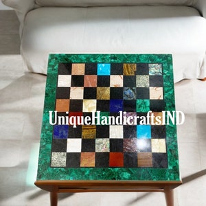 Christmas Gifts Chess Board With Black Marble and Red Carnelian, Malachite Semi Precious Stone Mosaic Arts Best Father Day Gift