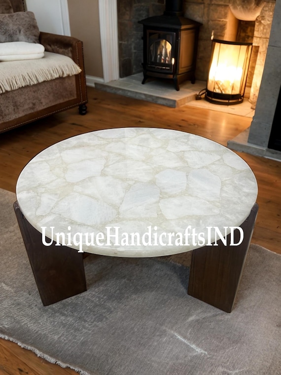 White Quartz Coffee Table With Wooden Legs 16 Tall Etsy UK